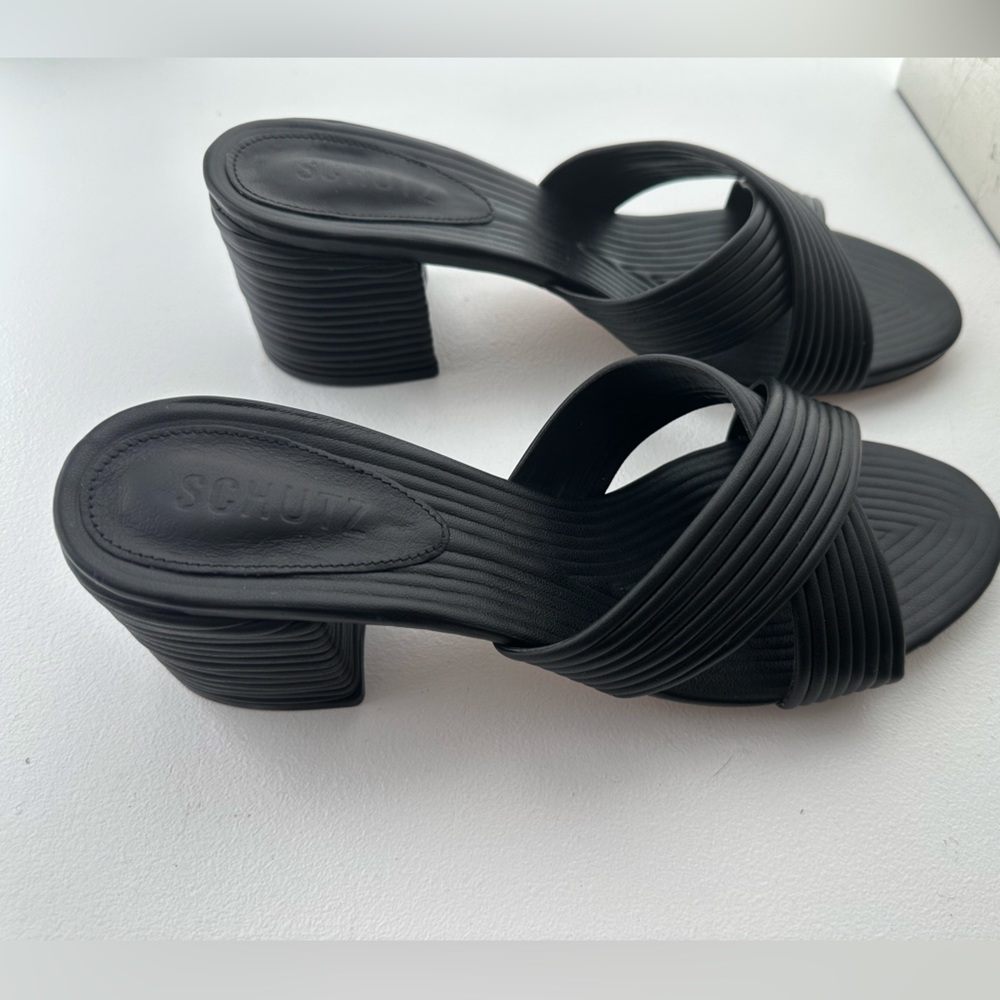 SCHUTZ Black Ribbed Strap Block Heel Sandals